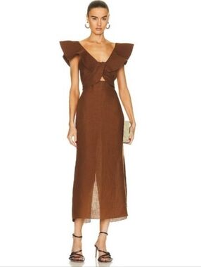 ​Johanna Ortiz Kilimanjaro Ruffled Linen Midi Dress in Chocolate Brown 0